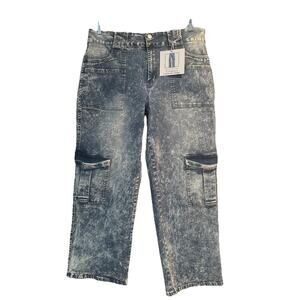Blue Turtle Women's Acid Wash Cargo Wide Leg High Rise Denim Jeans Cargo Size 22